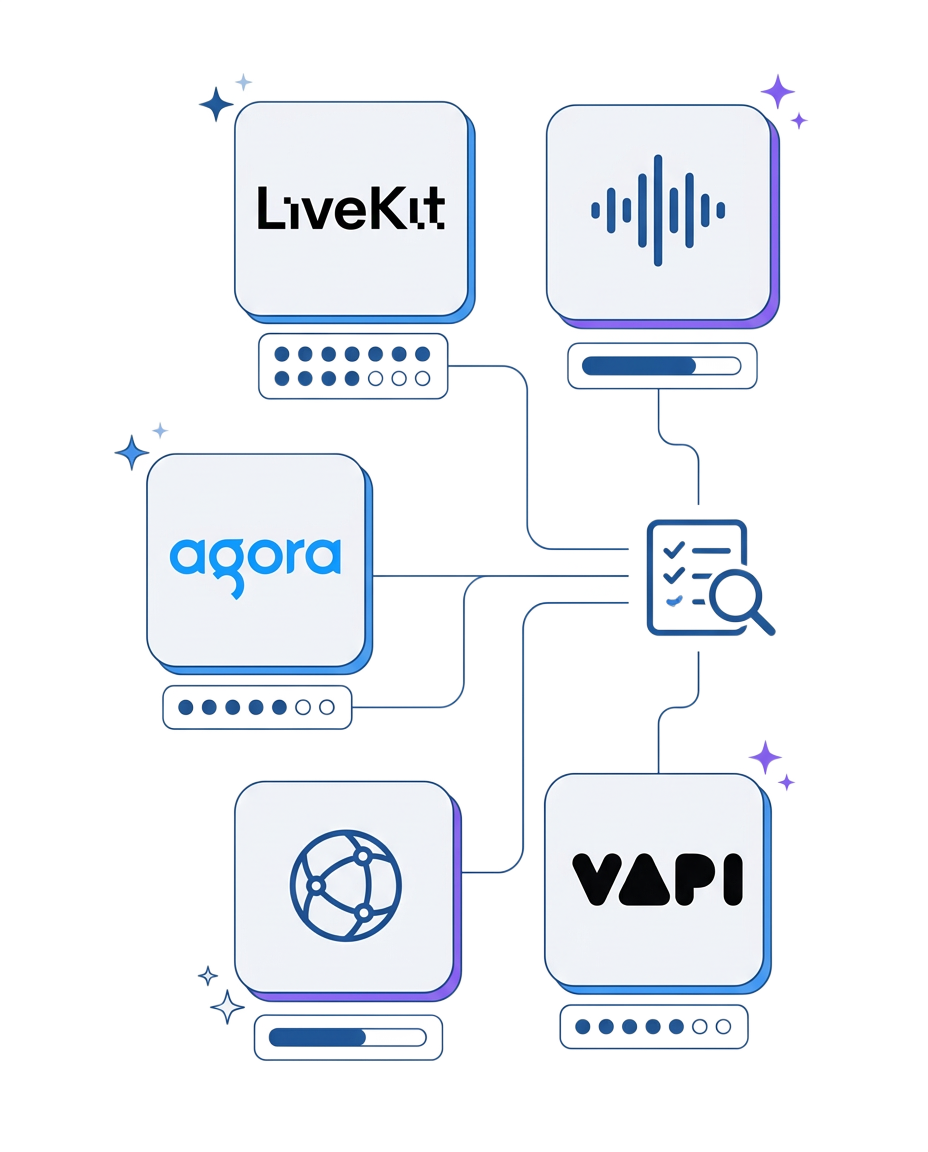 Six vendor tiles — LiveKit, a waveform, Agora, a globe and Vapi — each with a rating bar, wired into a single comparison checklist