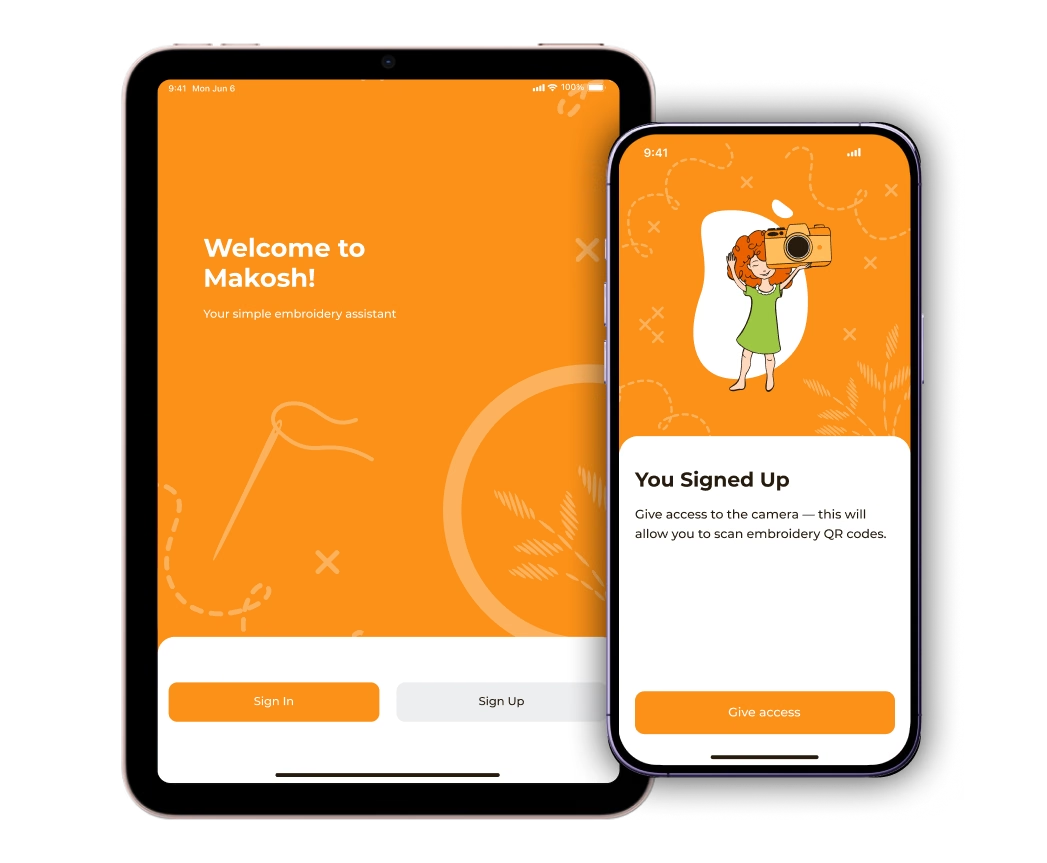 Makosh welcome screen on an iPad and the camera access step for QR scanning on an iPhone