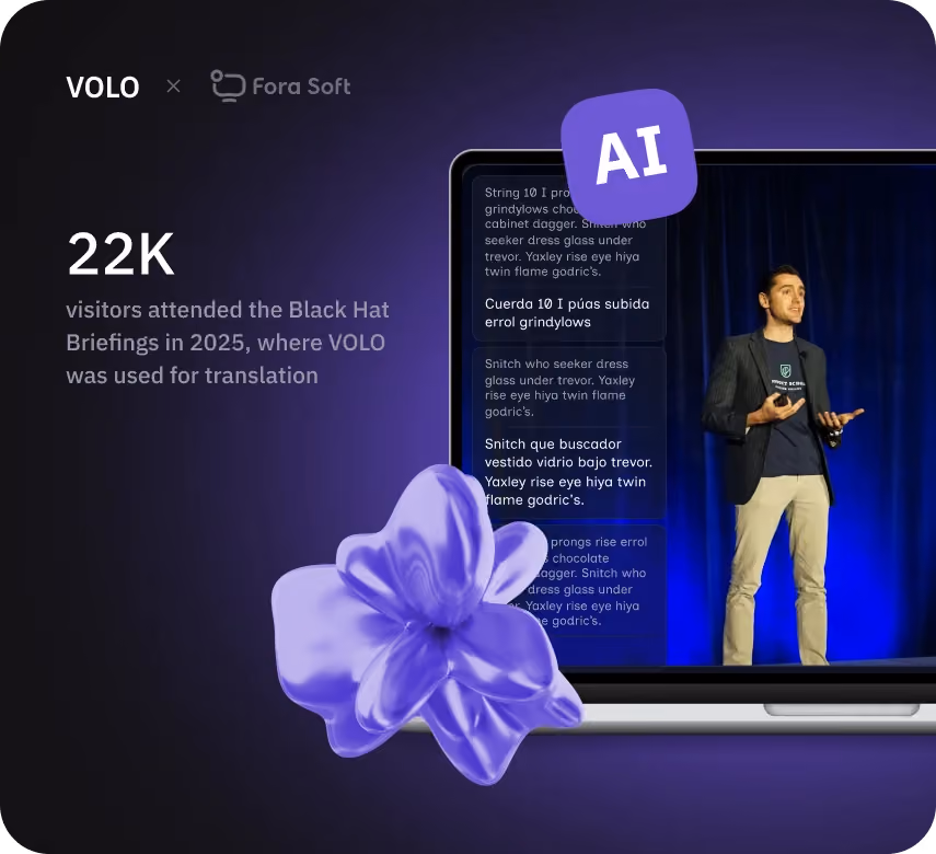VOLO AI-powered real-time translation system showing live event speaker on screen with multilingual subtitle overlays