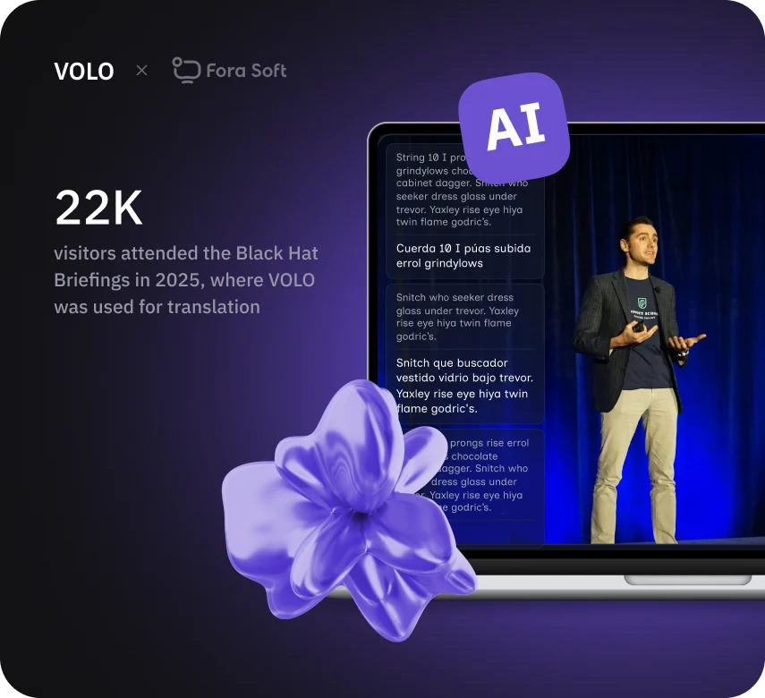 VOLO AI-powered real-time translation system showing live event speaker on screen with multilingual subtitle overlays