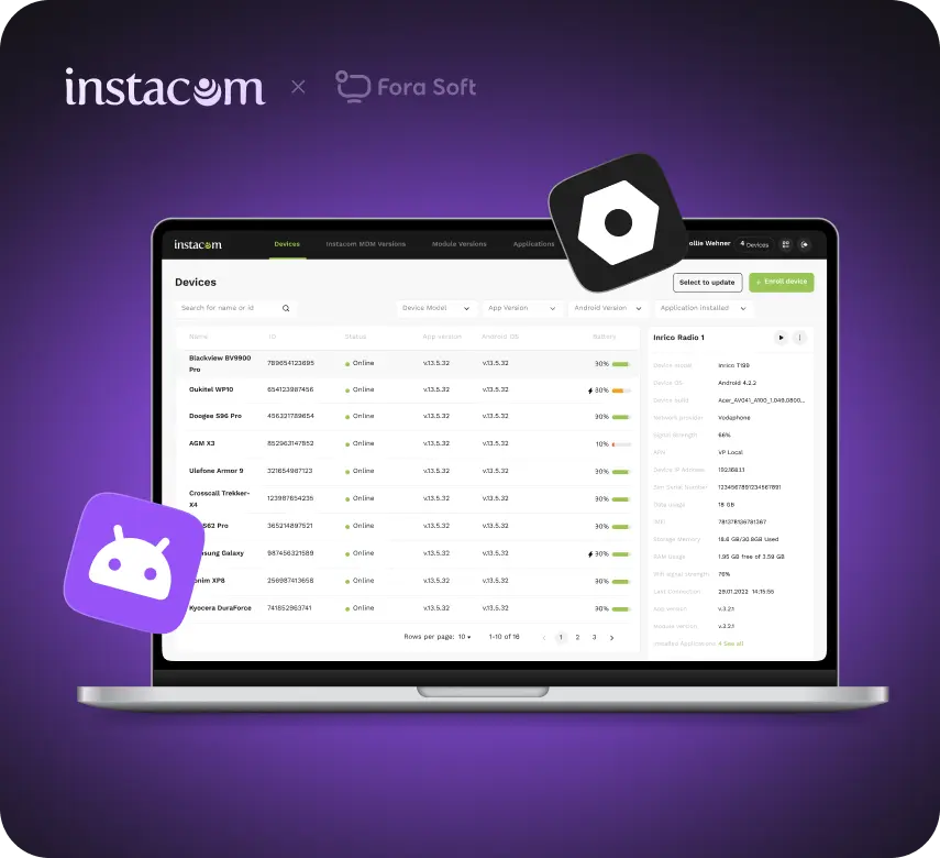 Android MDM dashboard on laptop displaying device fleet management table with device details, status monitoring and remote control panel