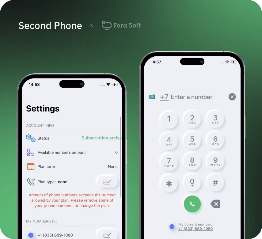 Second Phone iOS app interface showing settings screen with subscription status and VoIP dialer with phone number keypad