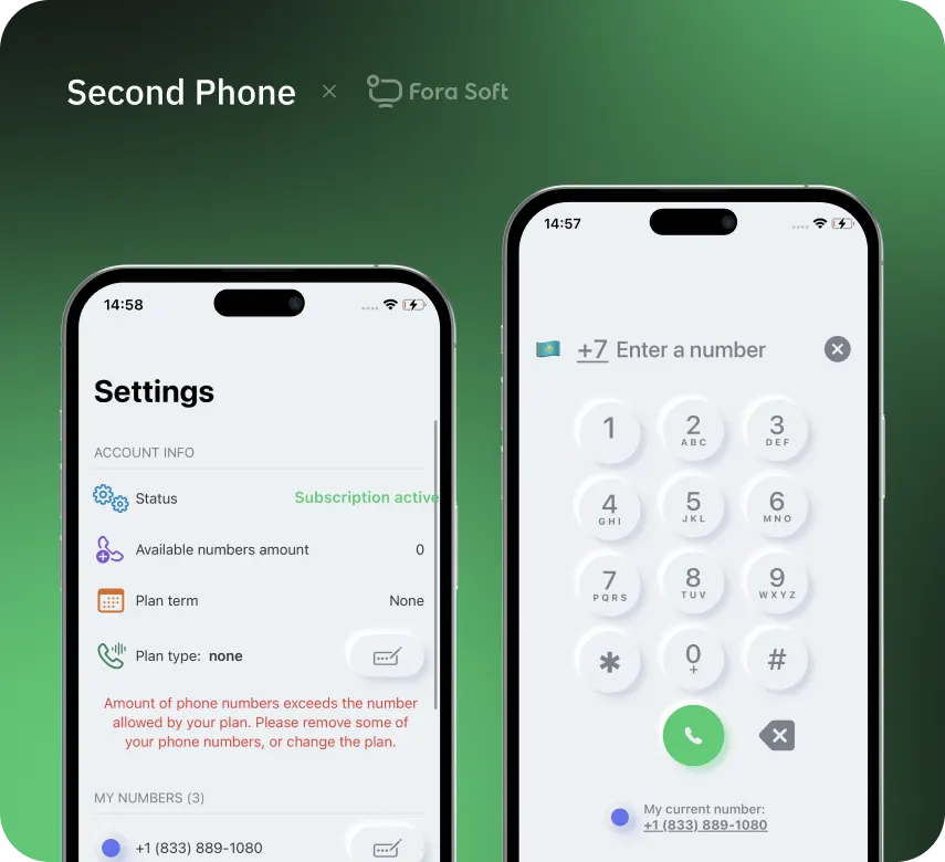 Second Phone iOS app interface showing settings screen with subscription status and VoIP dialer with phone number keypad