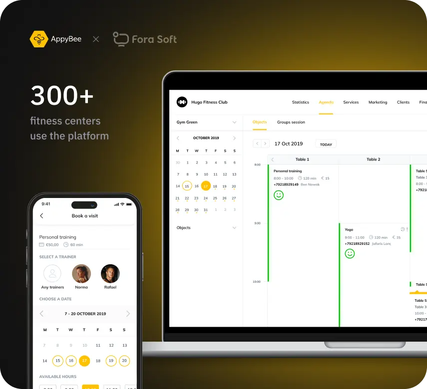 AppyBee fitness booking platform showing mobile app with trainer selection and calendar, plus desktop admin dashboard with scheduling agenda