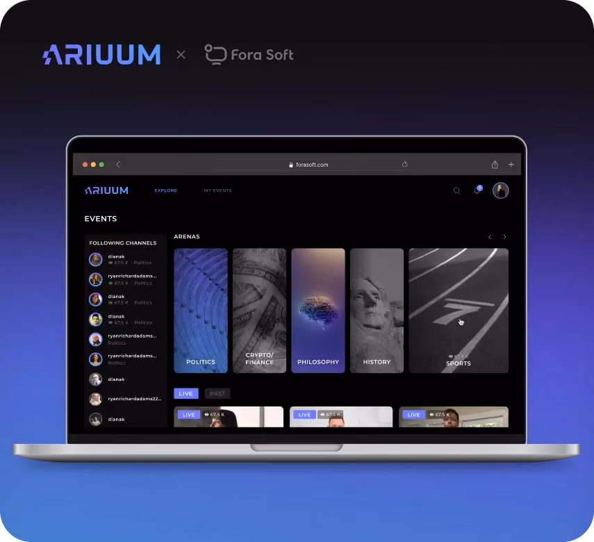 Ariuum live video debate platform displayed on laptop with topic arenas for politics, philosophy, history and sports, plus live streaming channels