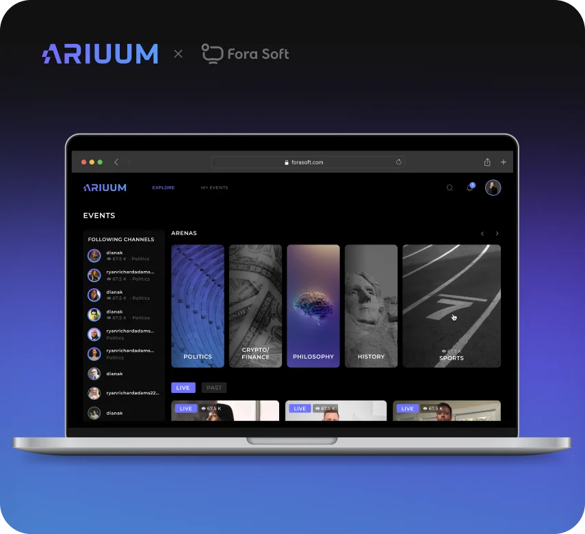 Ariuum live video debate platform displayed on laptop with topic arenas for politics, philosophy, history and sports, plus live streaming channels