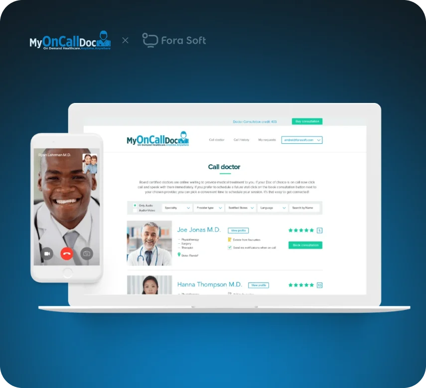 MyOnCallDoc telemedicine platform with video chat consultations between patients and doctors on any device