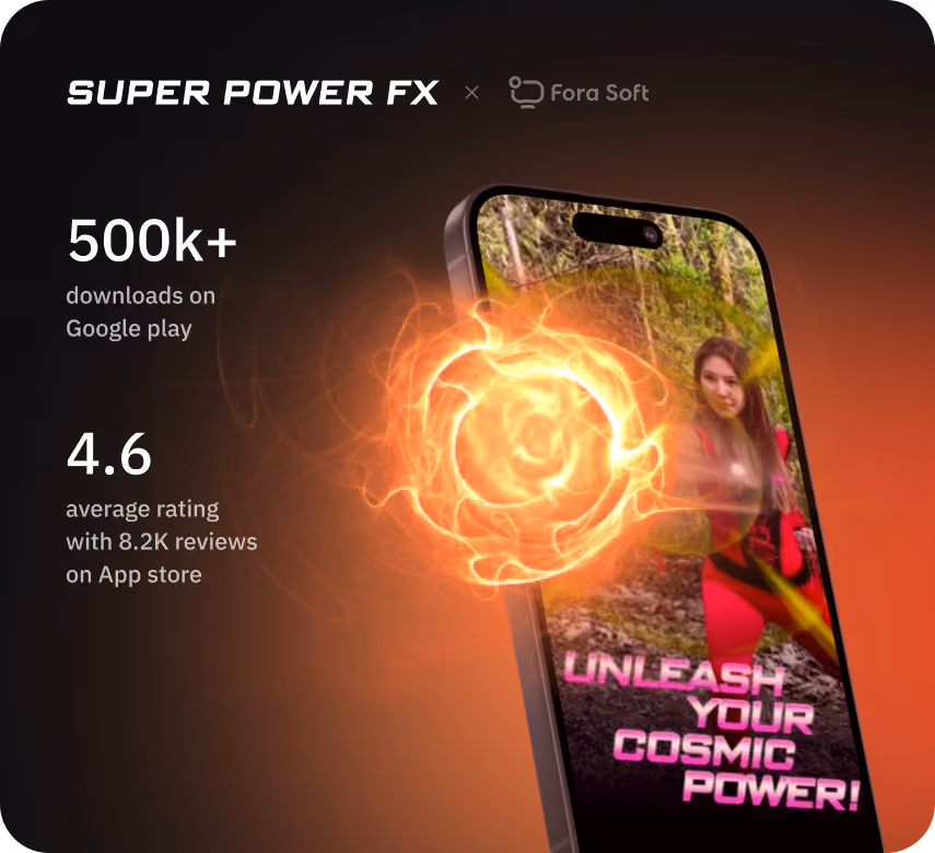 Super Power FX video effects app for iOS and Android with 500K+ downloads and 4.6 star rating for superhero effects