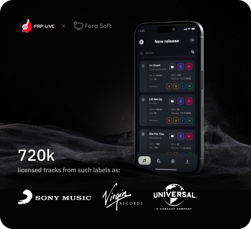 FRP Franchise Record Pool music platform like Shazam for professional DJs with 720K licensed tracks across web, iOS and Android