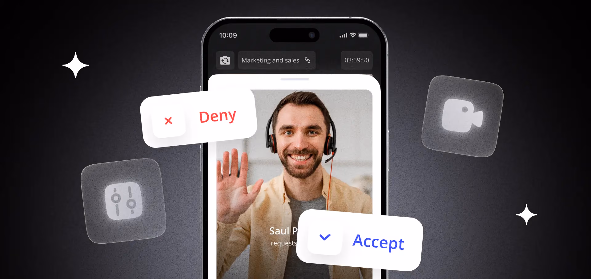 Custom video conferencing interface with branded UI, security controls, and real-time communication features