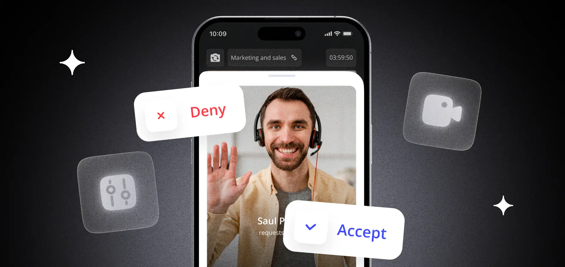 Custom video conferencing interface with branded UI, security controls, and real-time communication features