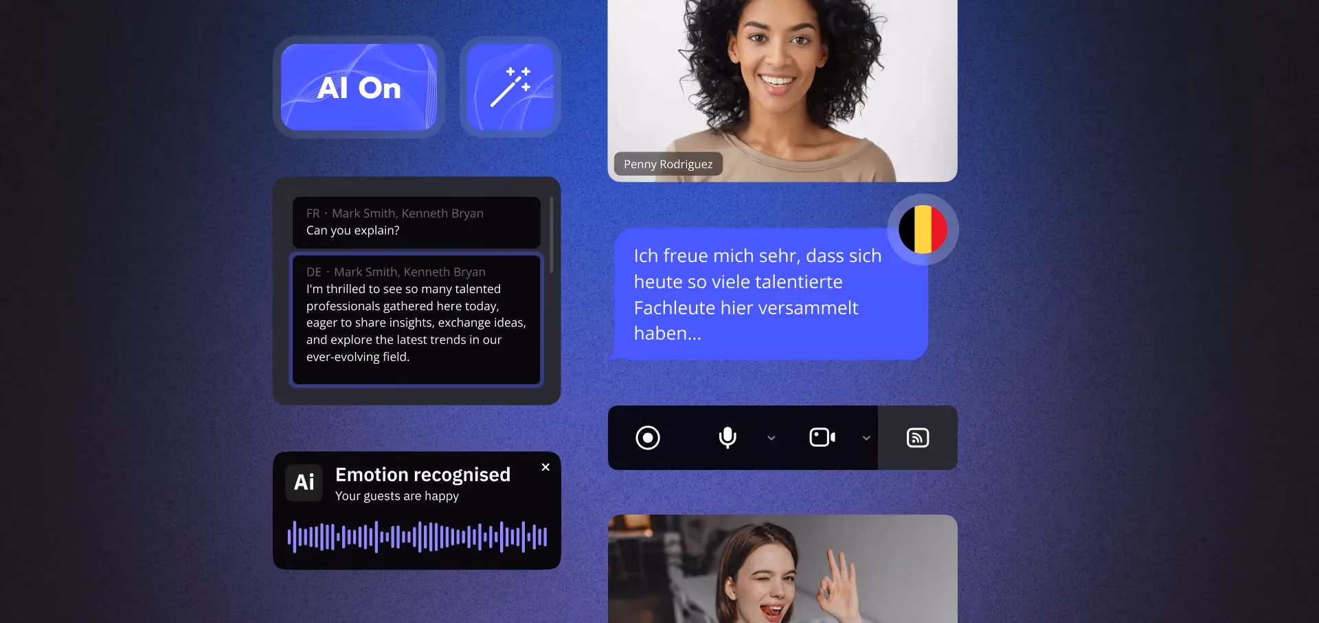 Enterprise video collaboration system with video calls, messaging, AI transcripts, and interactive polls