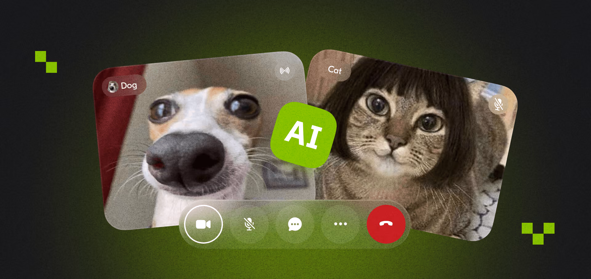 AI-enhanced video conferencing interface with noise suppression, background blur, and real-time transcription