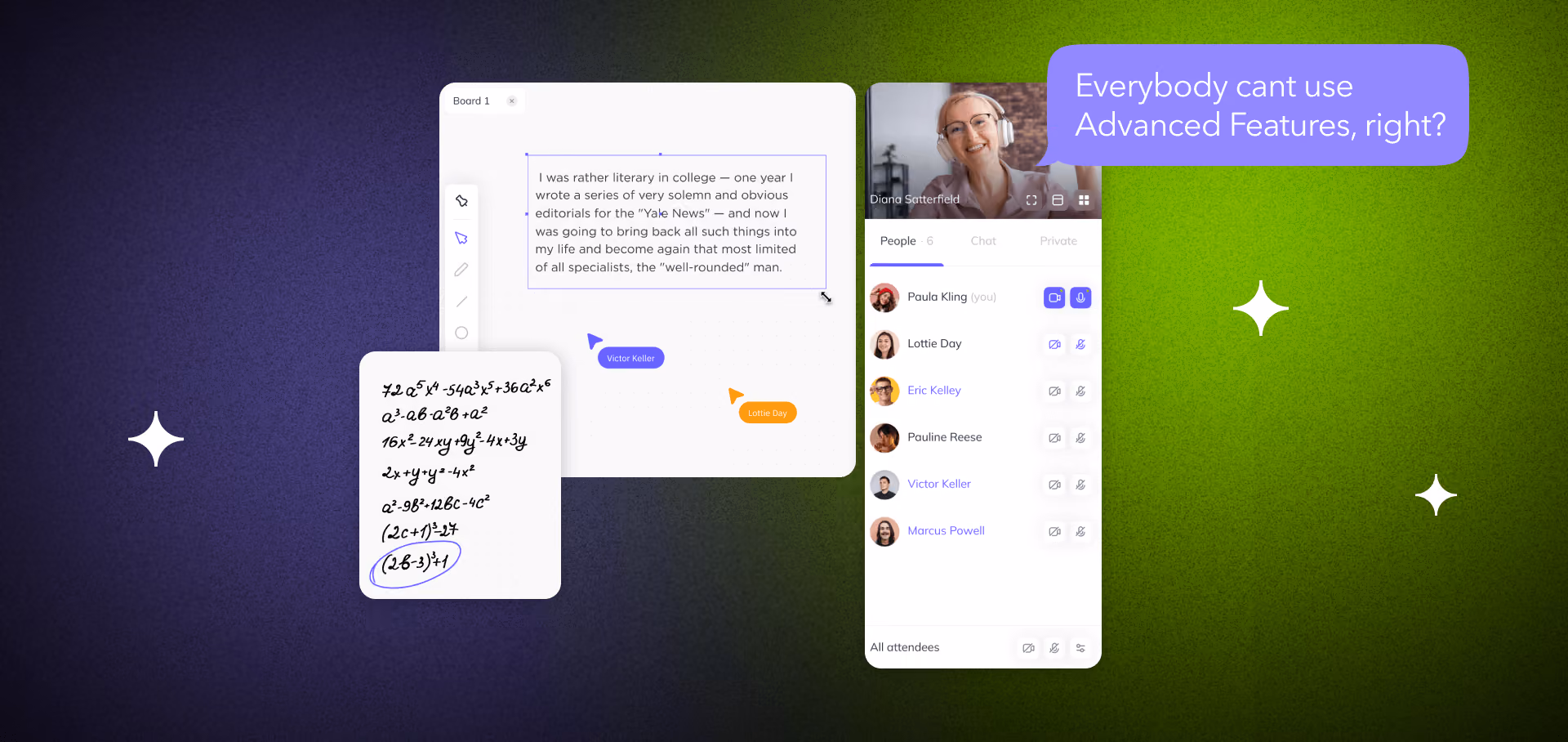 Video conferencing with whiteboarding, file sharing, screen sharing, and collaboration tools