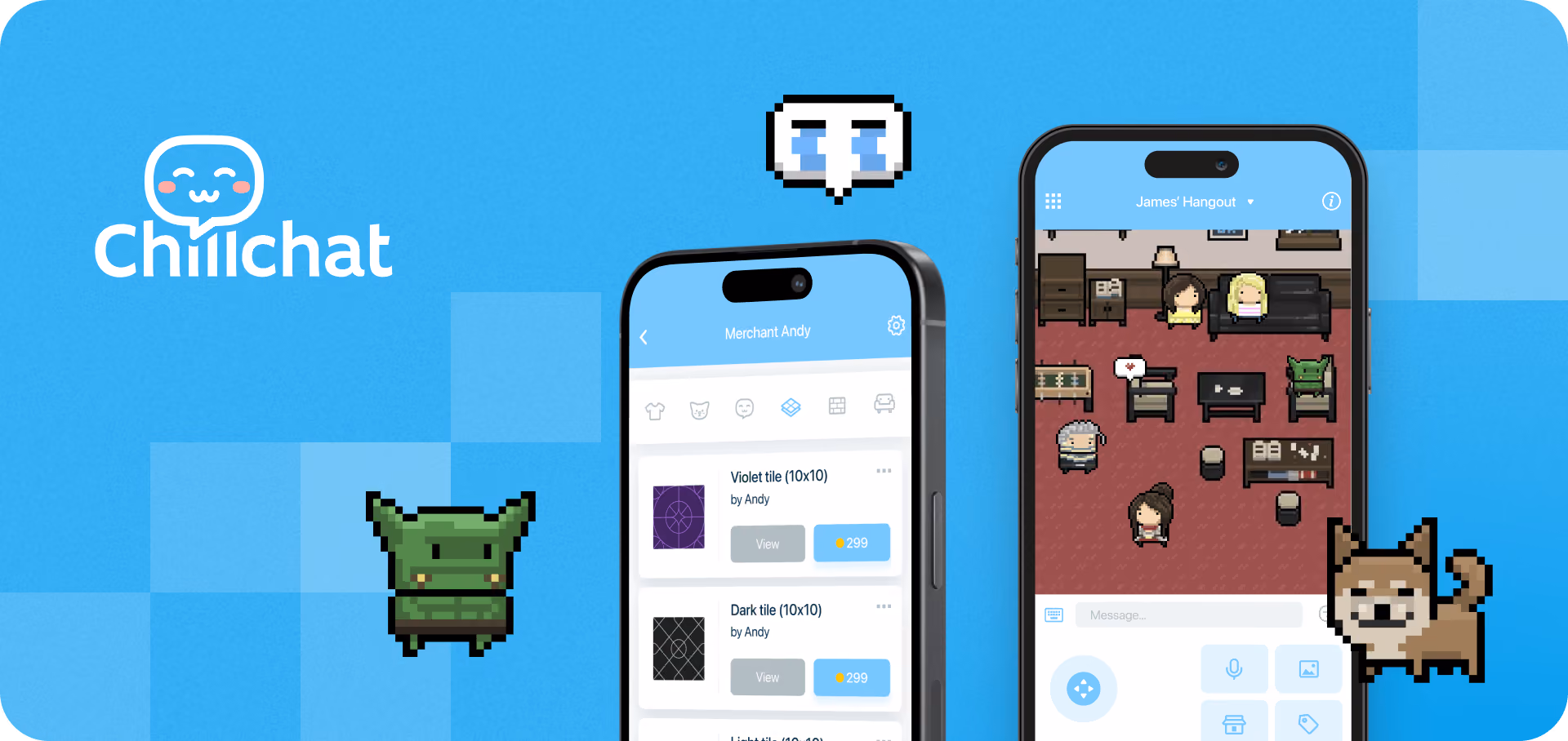 ChillChat multiplayer pixel-art game with voice chat, personal spaces, collectibles, and NFT marketplace