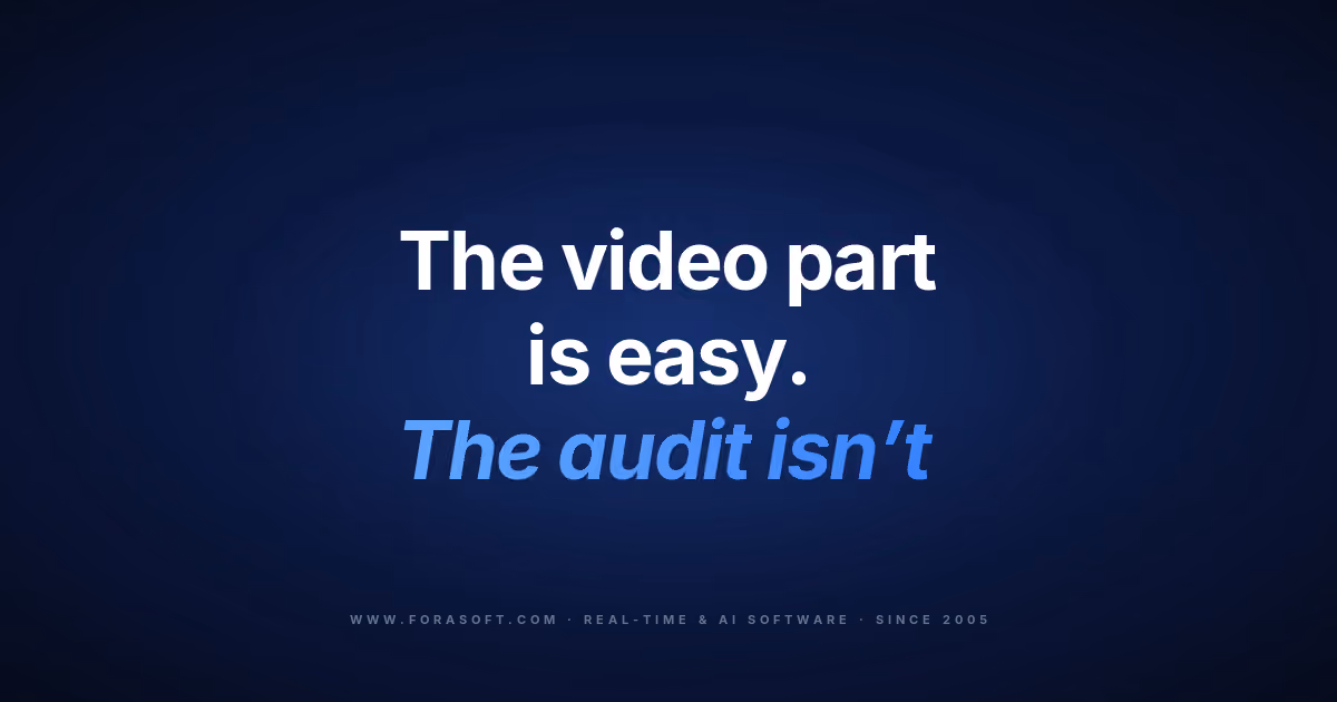 Video banking platform guide cover: the video part is easy, the audit isn't, on a dark Fora Soft background.