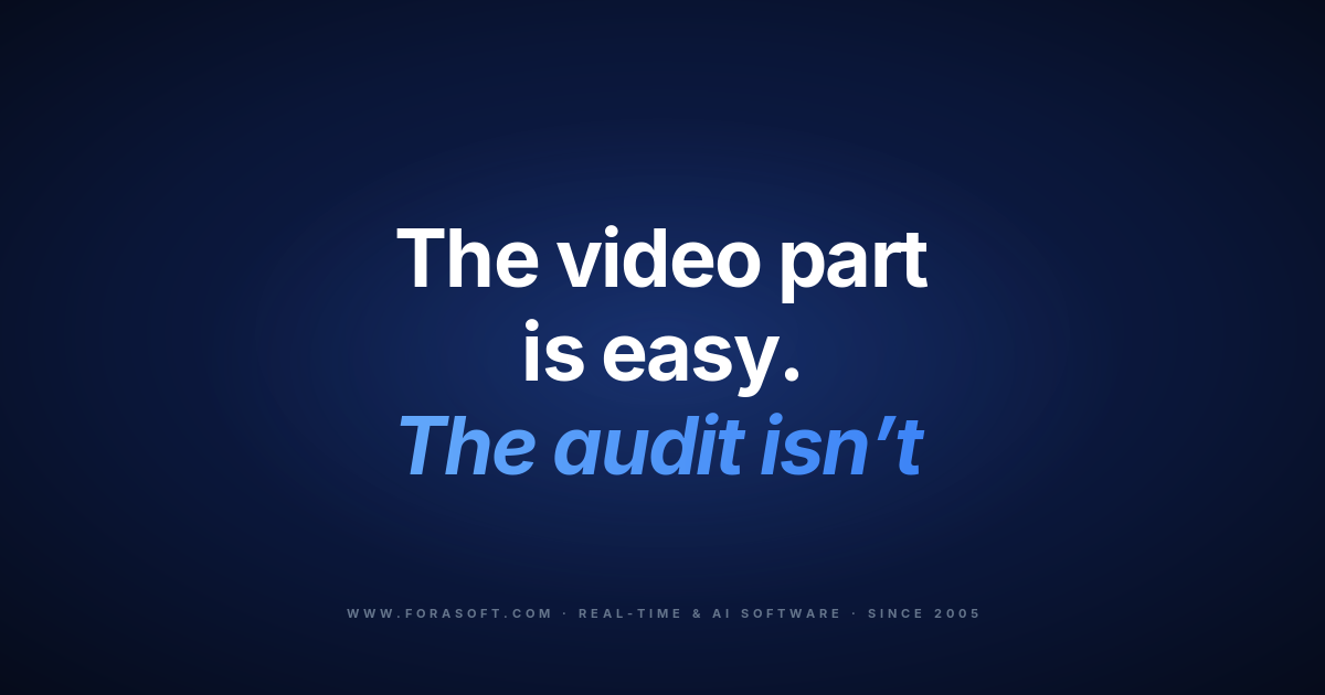 Video banking platform guide cover: the video part is easy, the audit isn't, on a dark Fora Soft background.