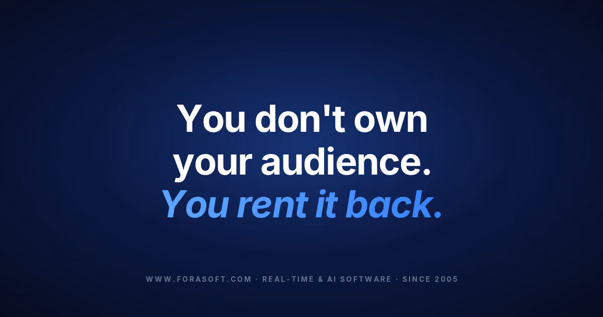 Cover: you don't own your audience, you rent it back — video monetization platform build vs buy, Fora Soft
