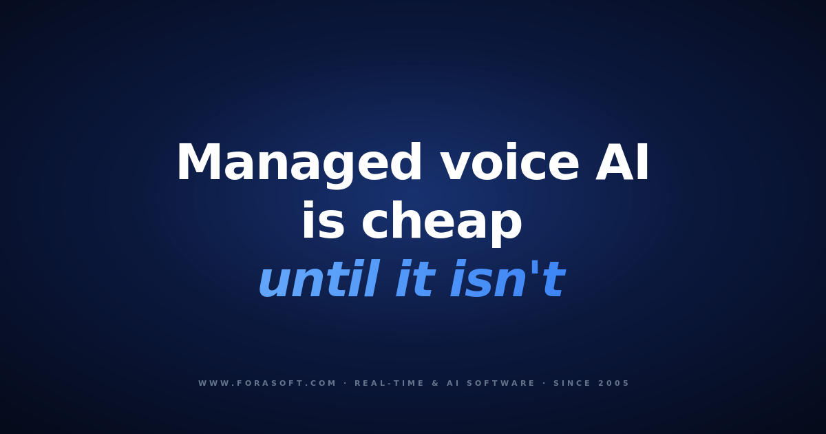 Managed voice AI is cheap until it isn't — Vapi vs Retell AI vs custom, Fora Soft blog cover on dark blue