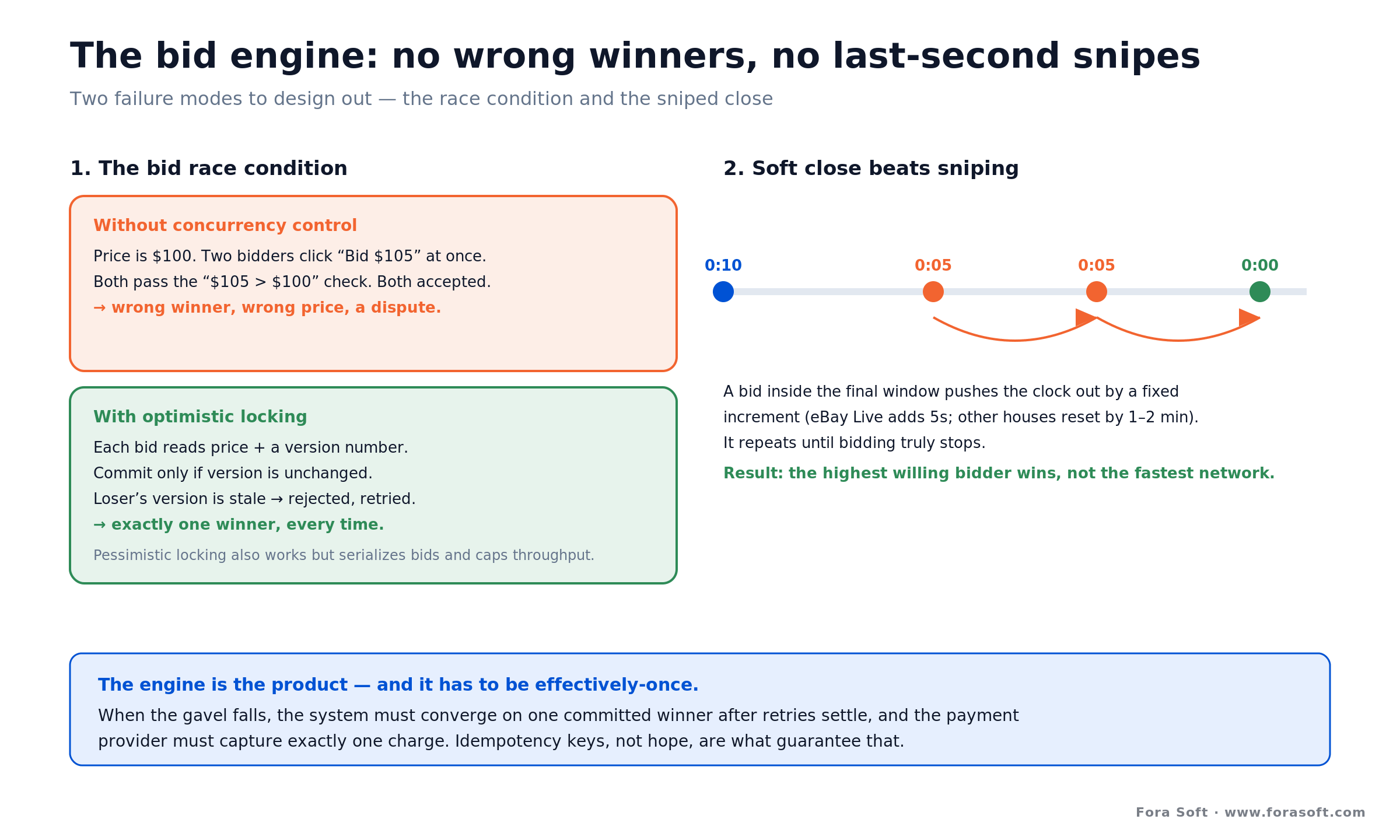 Bid engine: race condition vs optimistic locking, plus a soft-close timeline that extends the auction on a late bid