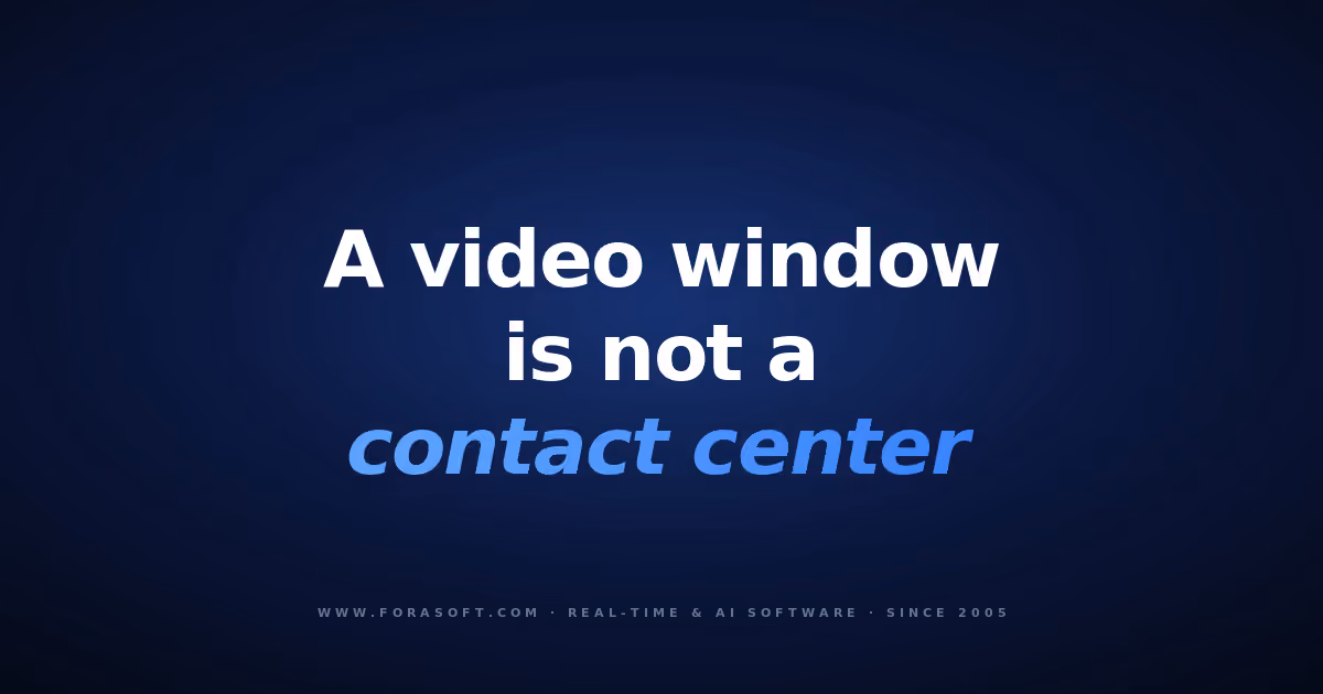 Fora Soft blog cover: a video window is not a contact center, on a dark blue gradient.