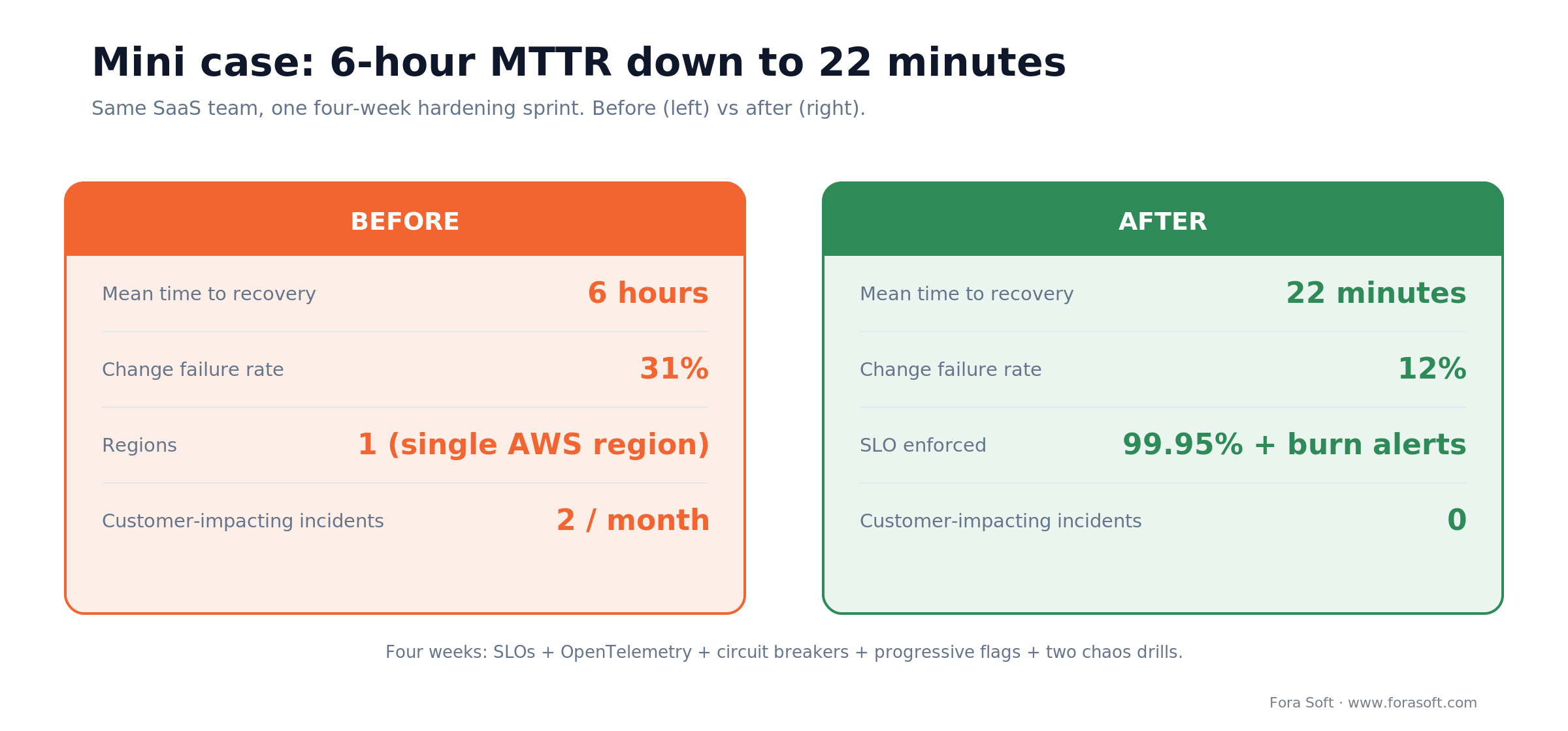Mini case before and after: MTTR cut from 6 hours to 22 minutes and change failure rate from 31 to 12 percent in four weeks