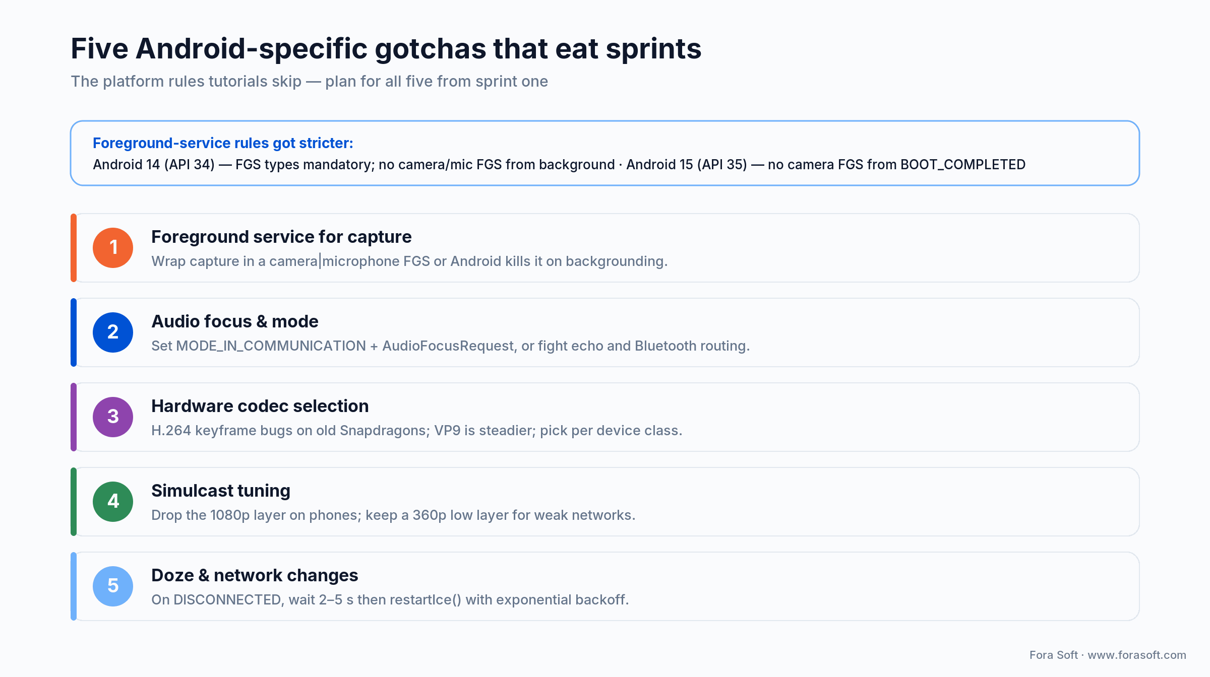 Five Android WebRTC gotchas: foreground service, audio focus, codec choice, simulcast tuning, Doze reconnects