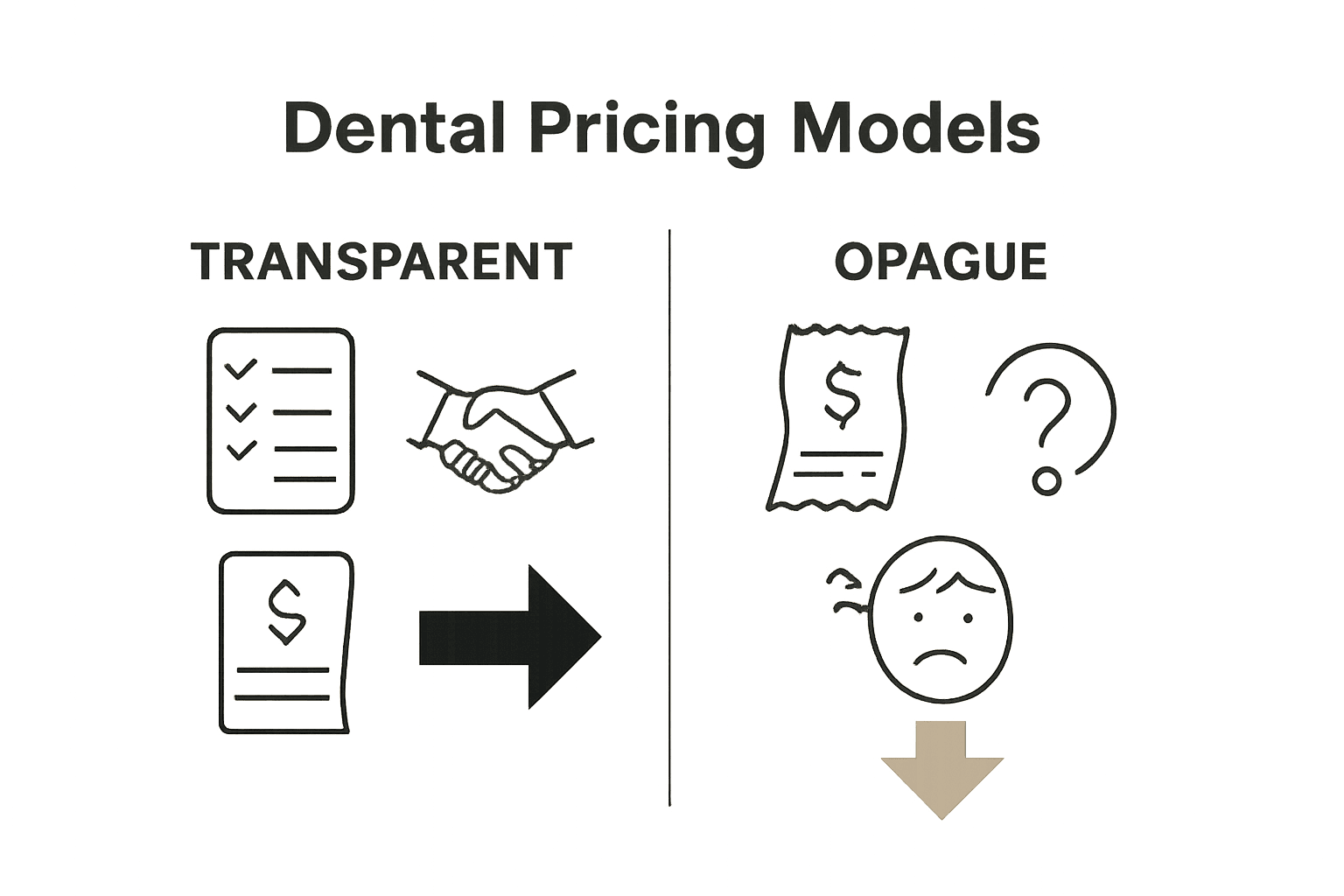 Infographic comparing transparent and opaque dental pricing models with pictorial icons and key differences.