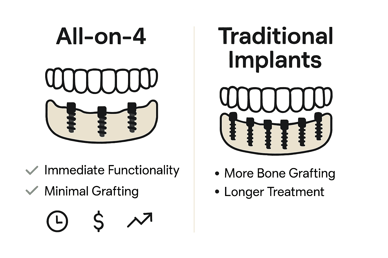 Infographic visually comparing All-on-4 and traditional dental implants.