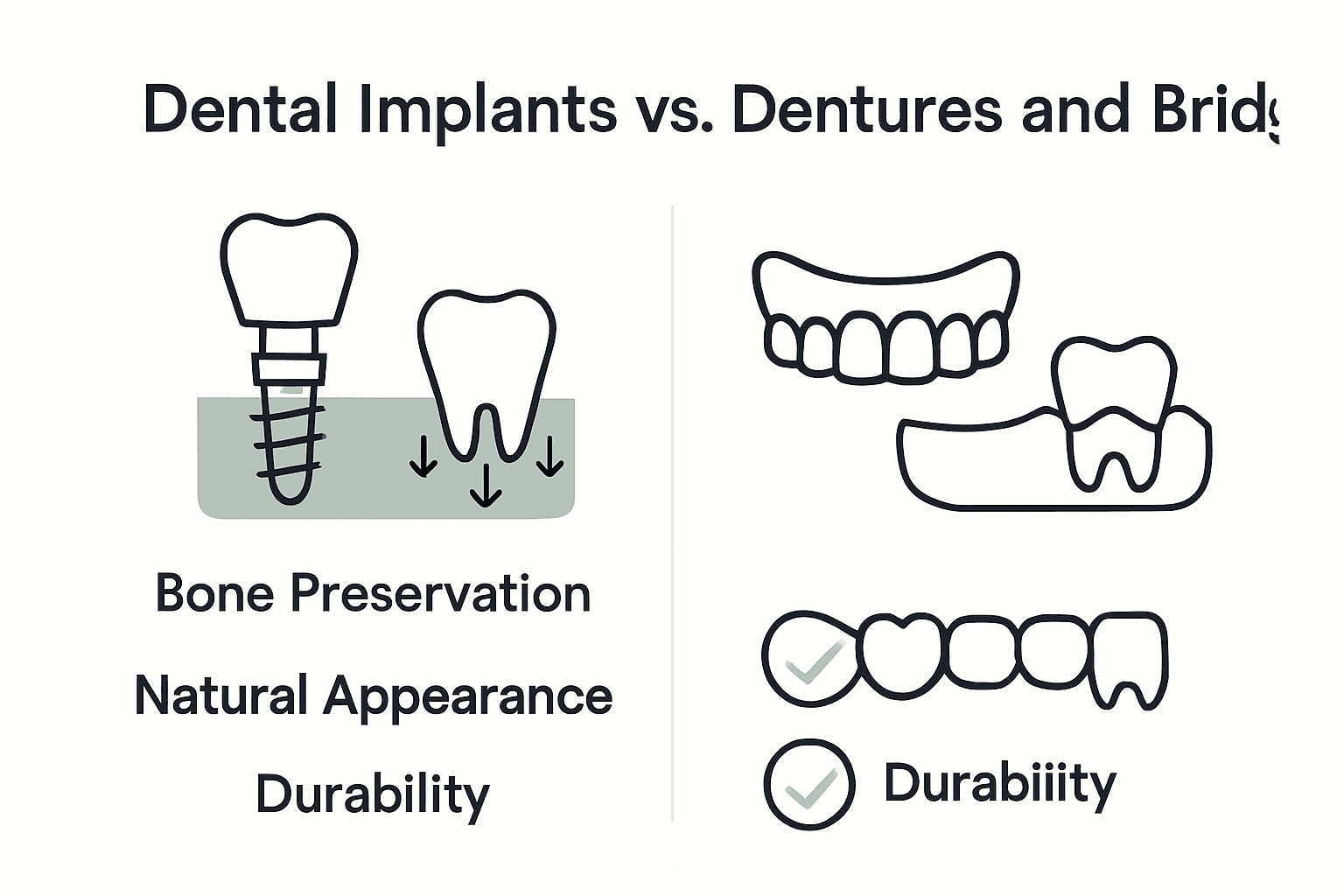 Infographic comparing dental implants, dentures, and bridges by benefits like bone preservation, appearance, and durability.
