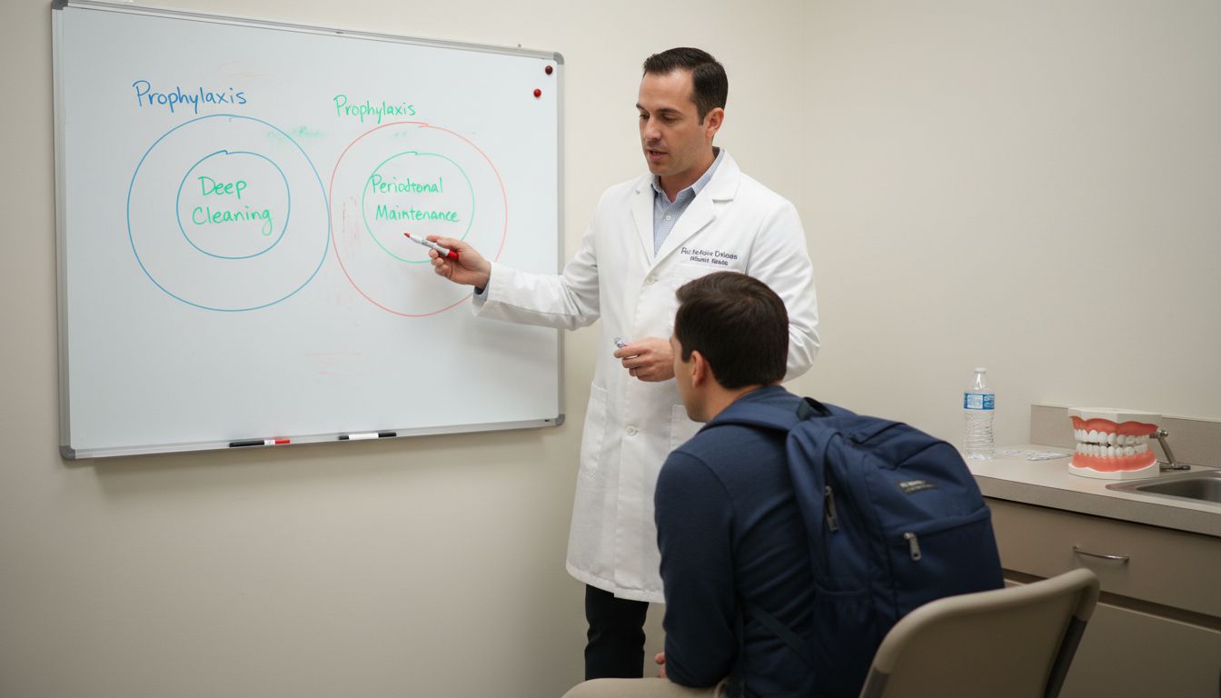 Dentist explains dental cleaning types at board