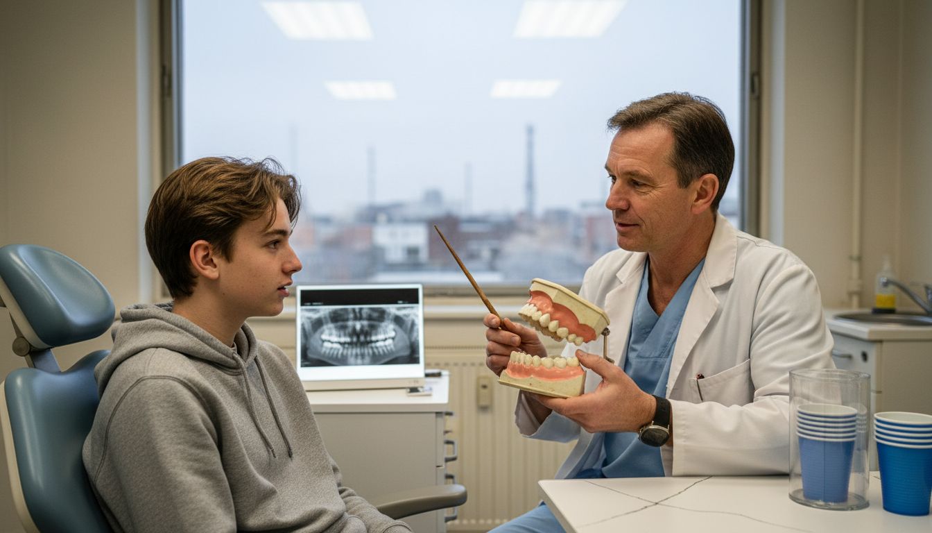Dentist discussing oral care with teenage patient