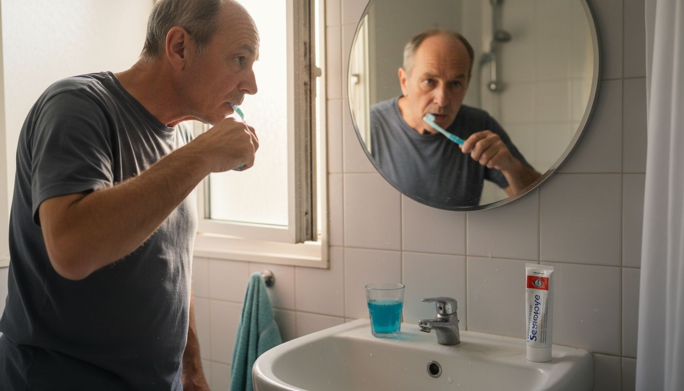 Man brushing teeth after dental implant