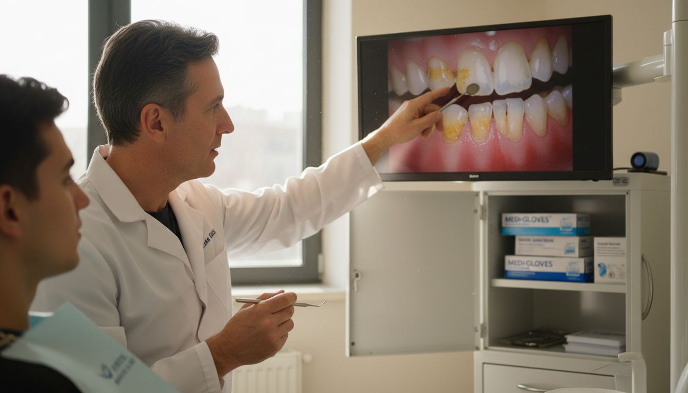 Dentist shows plaque buildup photo to patient