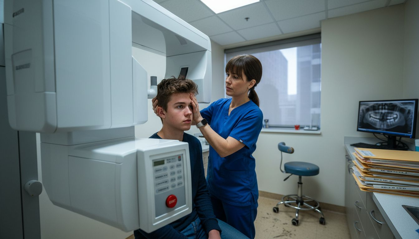 Dental technician using panoramic x-ray machine