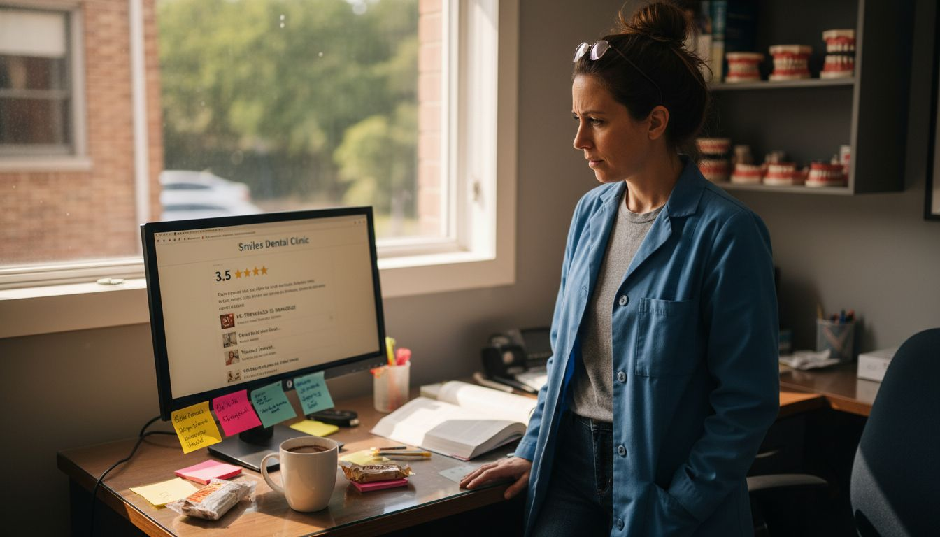 Dentist reading patient reviews on computer