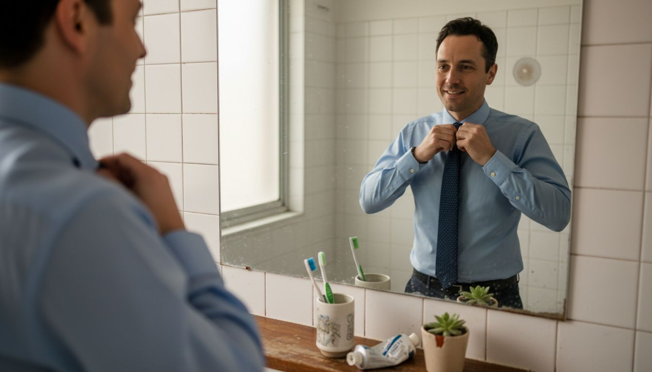 Man practicing confident smile in bathroom