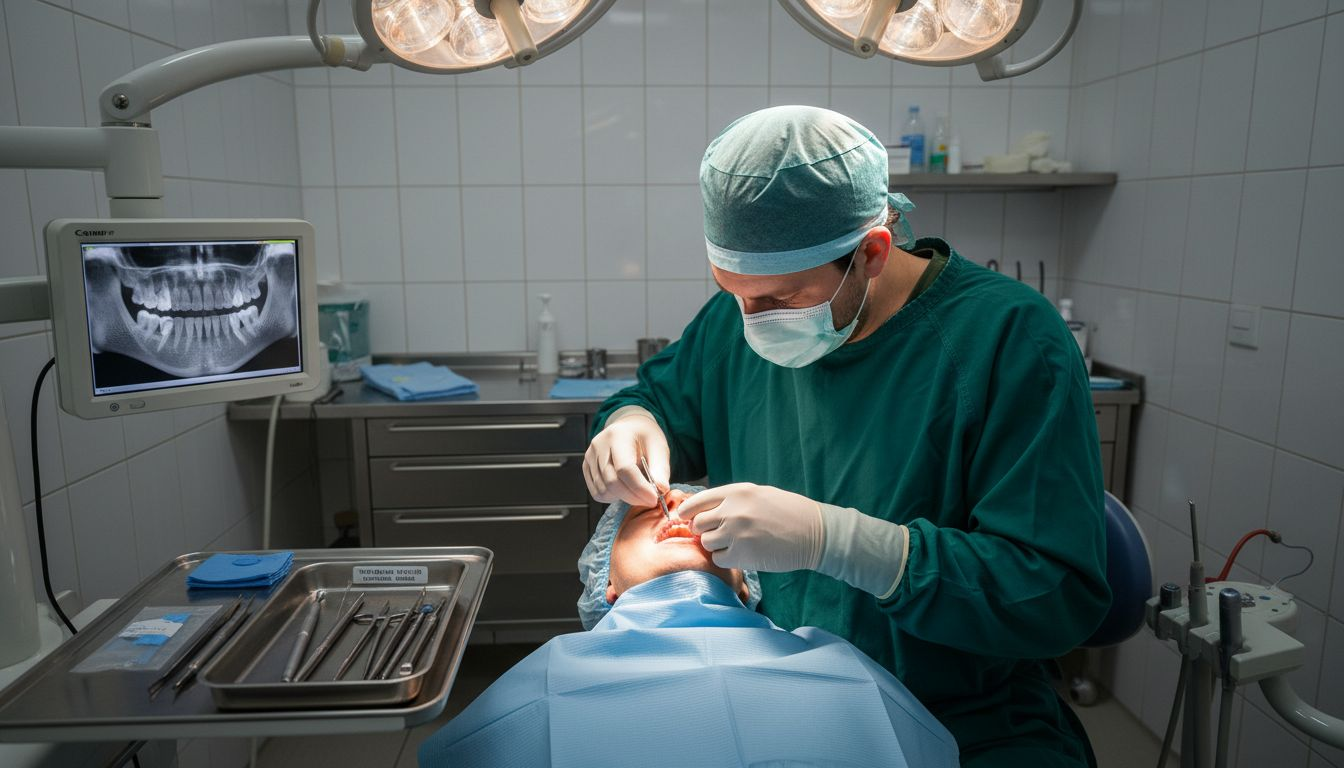 Dental surgeon places implant in lower jaw