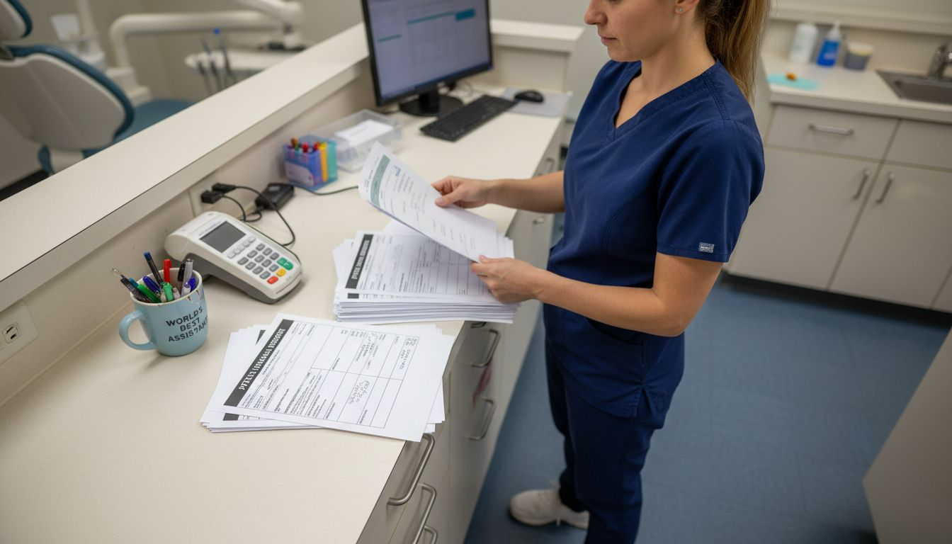 Dental assistant organizing payment forms