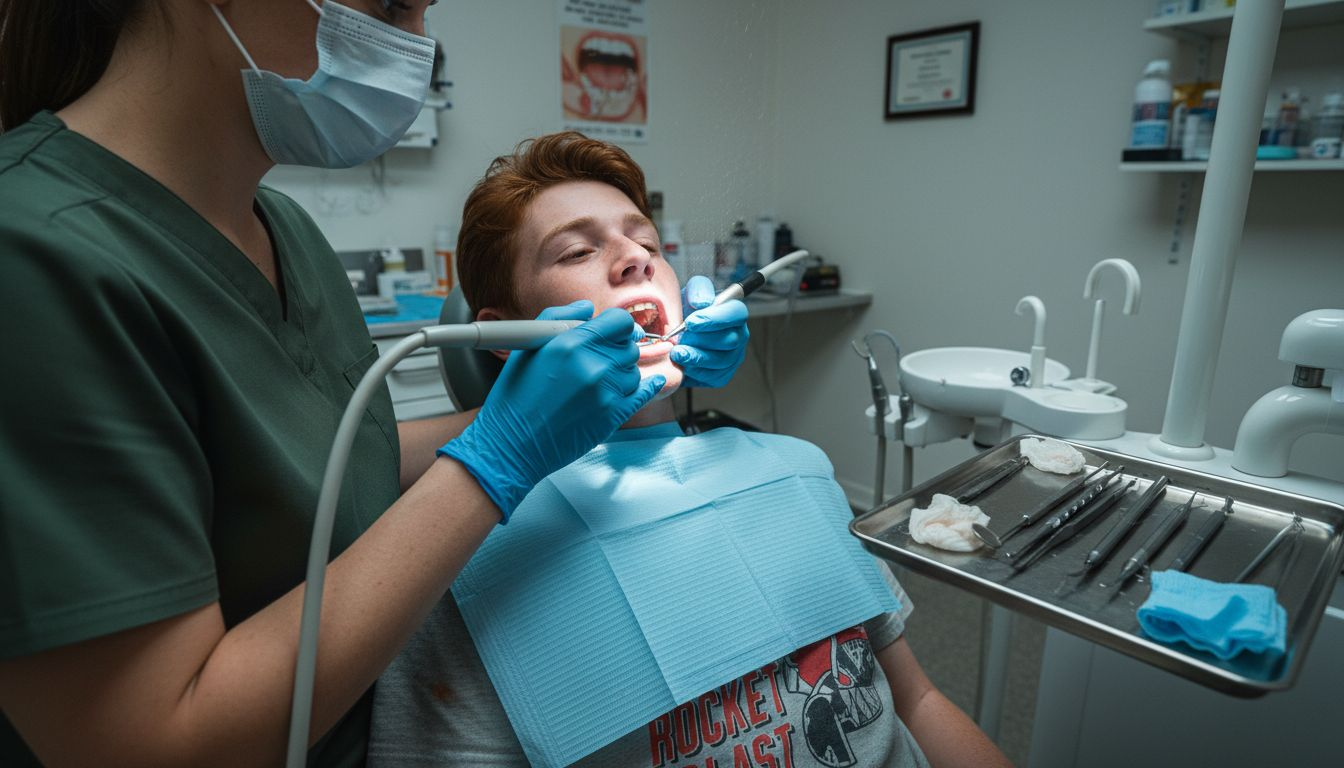 Dental hygienist cleaning teen’s teeth