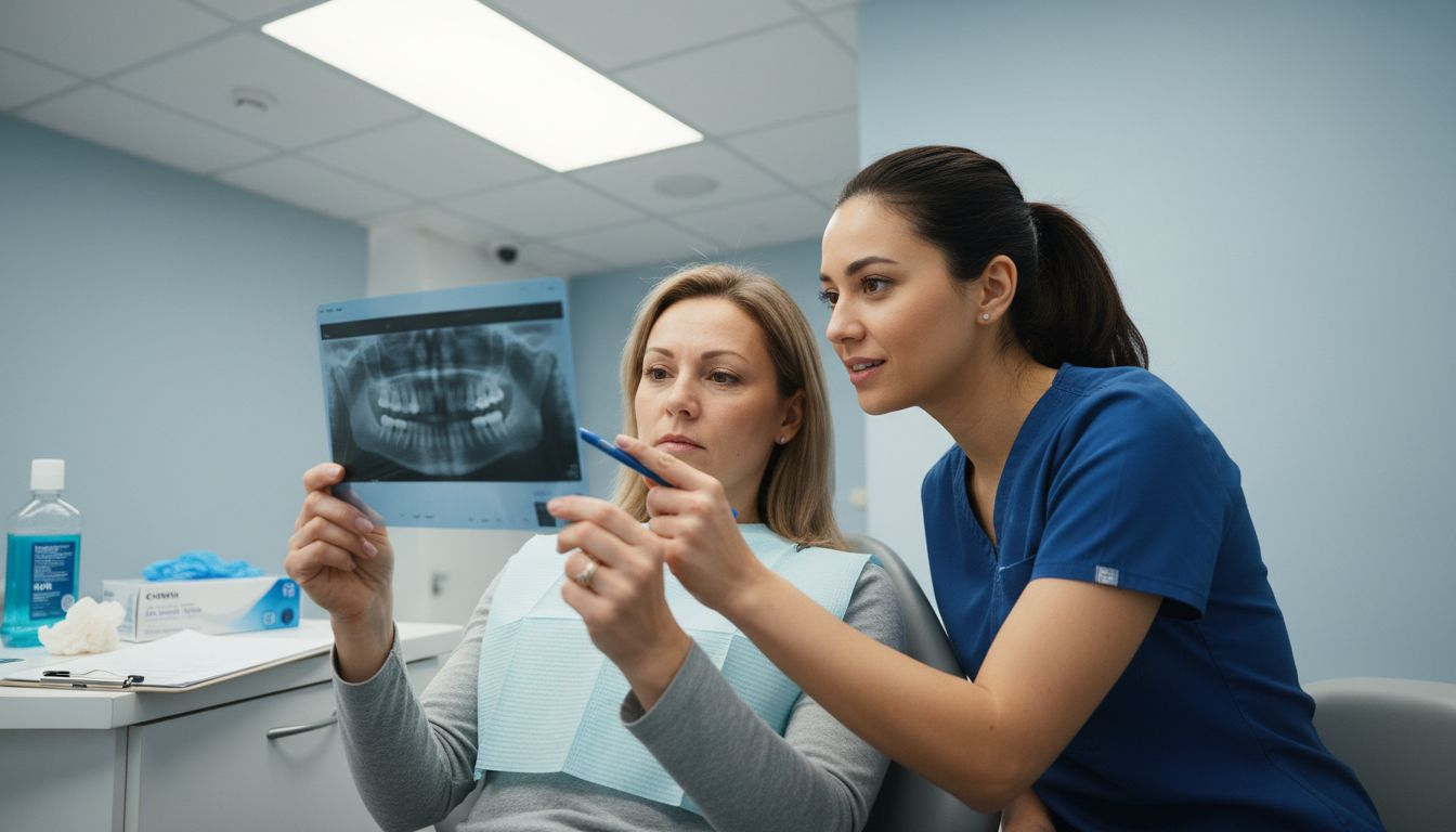 Patient and hygienist discuss dental X-ray diagnosis