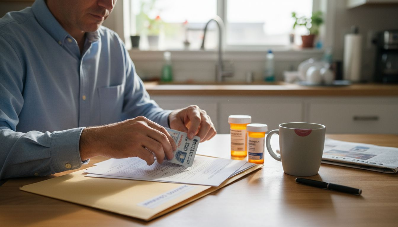 Man organizes dental paperwork and ID