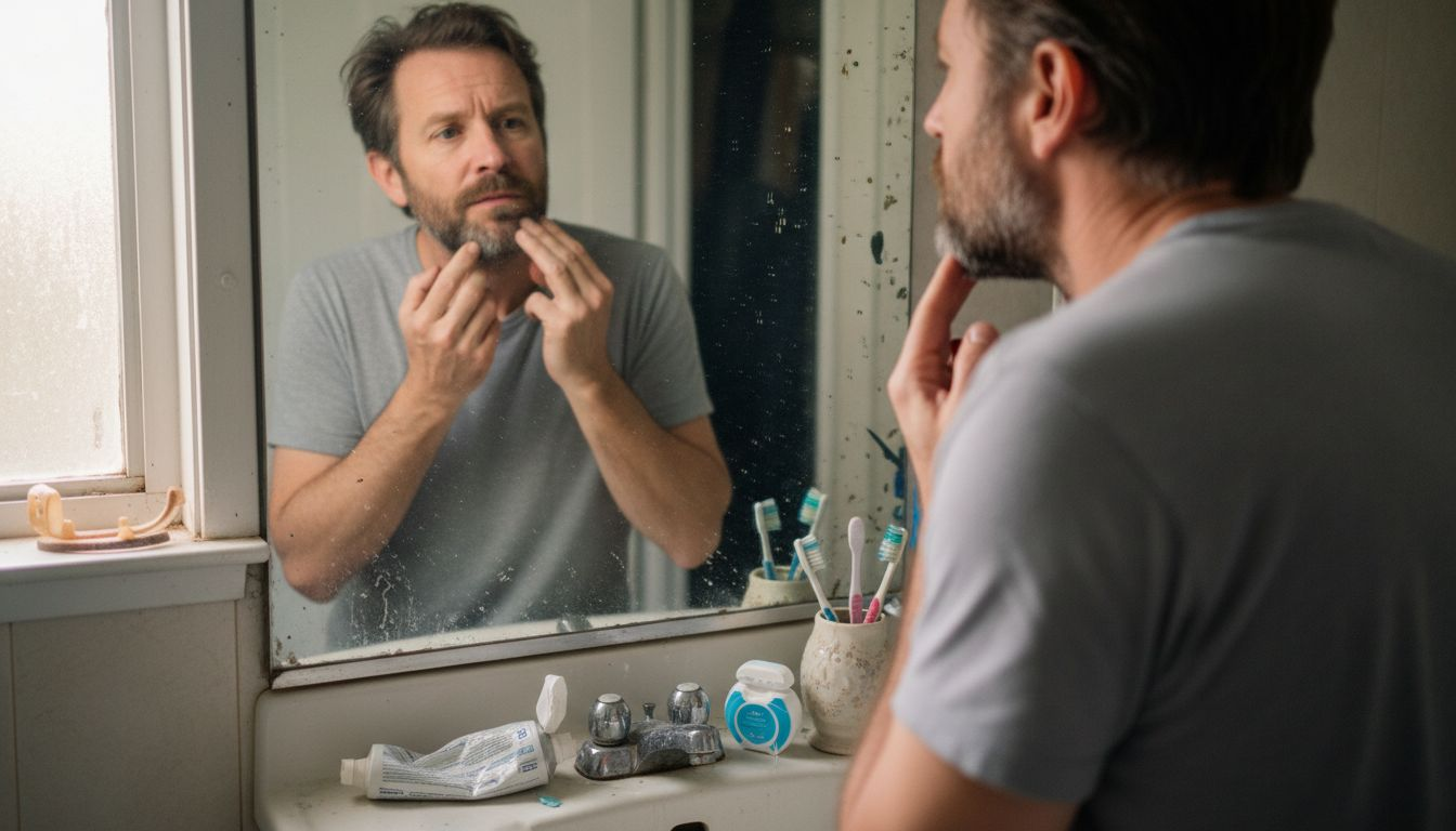 Man checks mouth for dental problems
