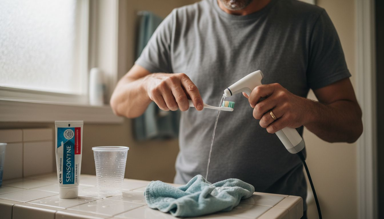 Man cleaning dental implant with toothbrush