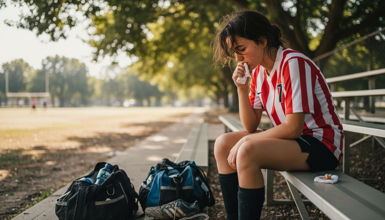 Soccer player with mouth injury on bleachers