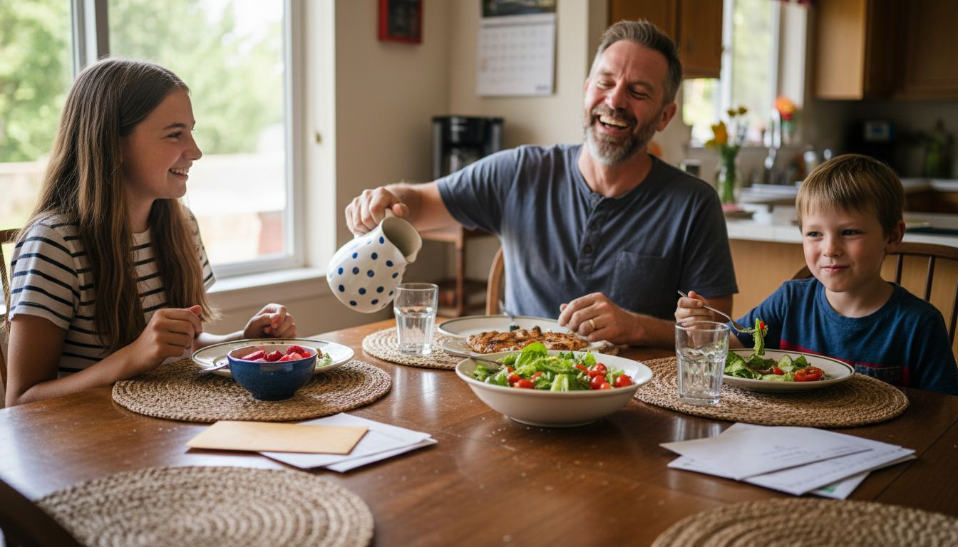 Family sharing healthy meal at kitchen table