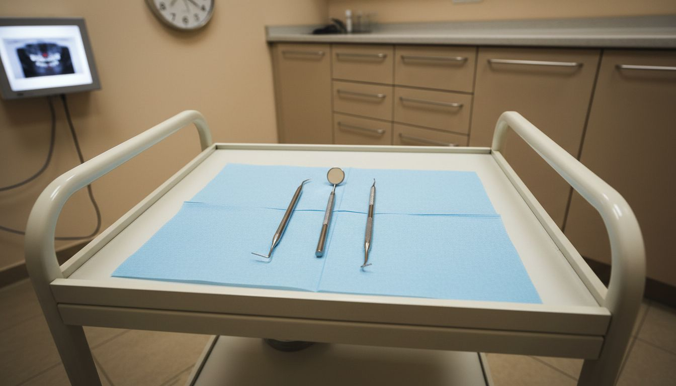 Closeup of dental tools on blue tray