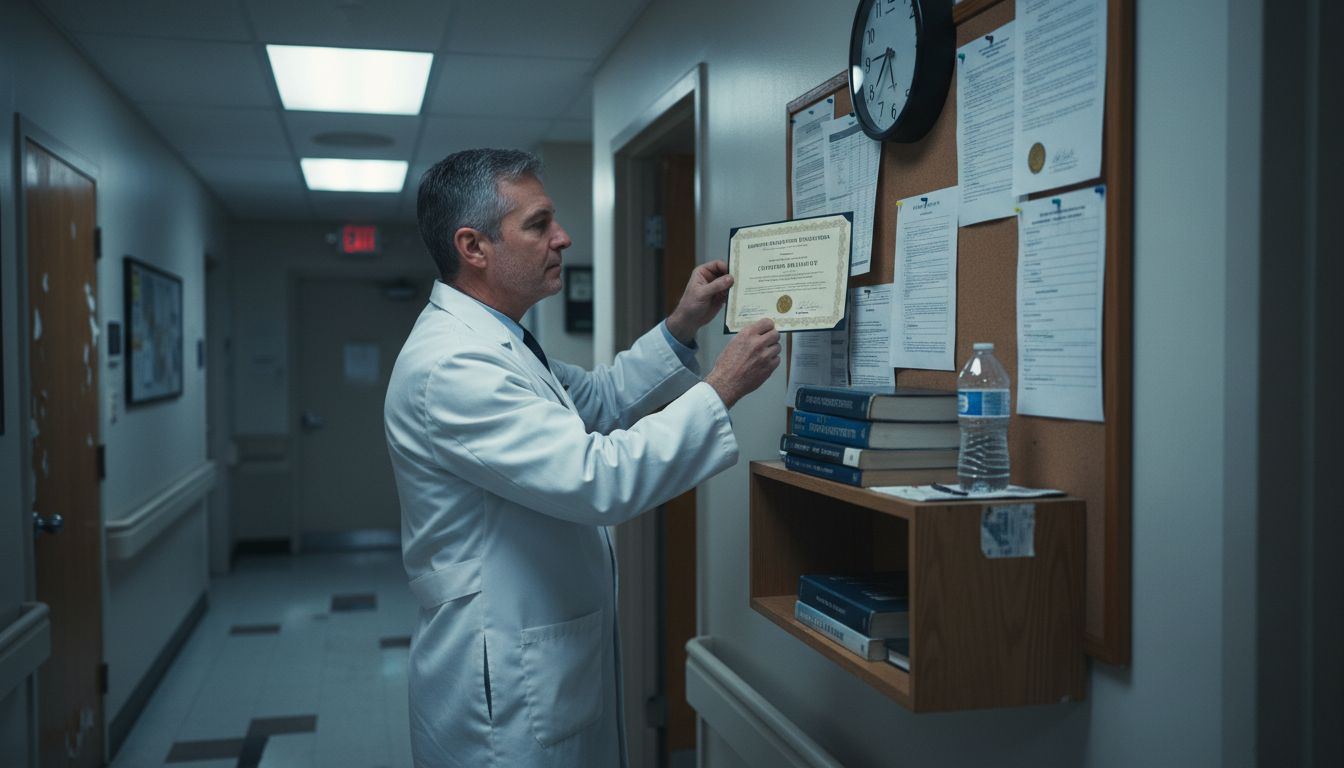 Prosthodontist posting certification on notice board