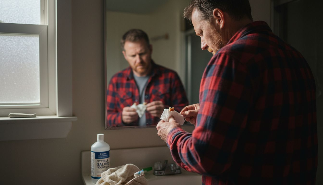 Man holding knocked-out tooth in bathroom