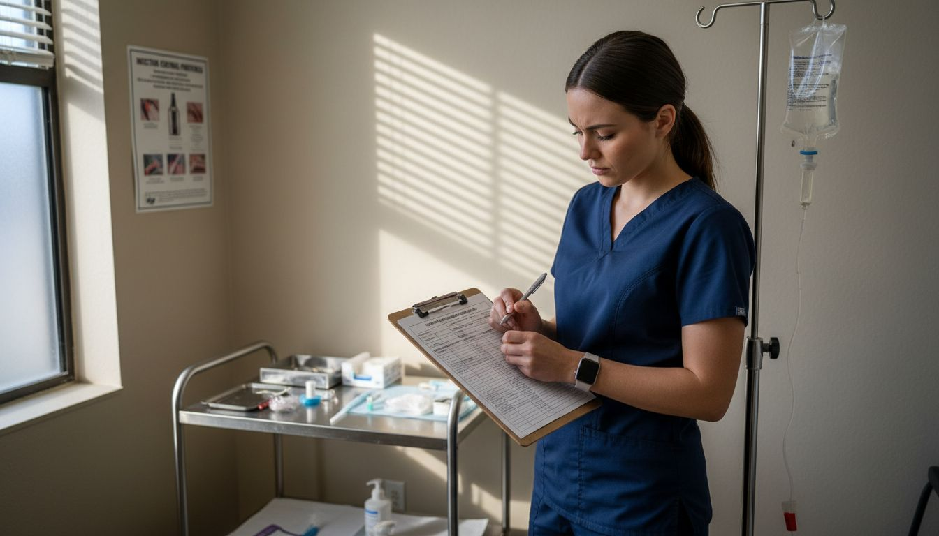 Assistant checking dental sedation procedure list
